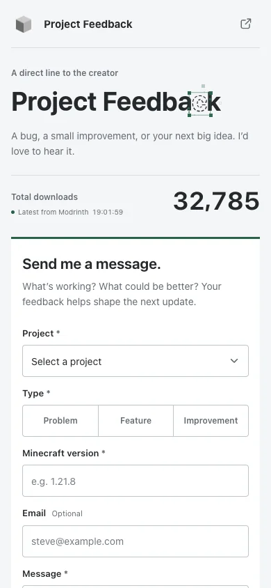 Mobile Ansicht der Modrinth-Website mit Downloadzahl und Beginn des Feedbackformulars